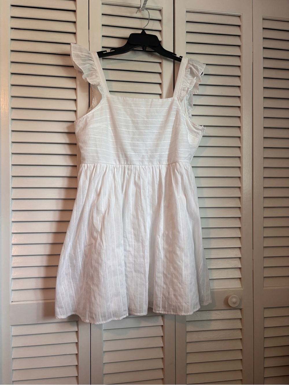 Francesca's Mi Ami Collections White Ruffle Strap Mini Dress with Open Back.